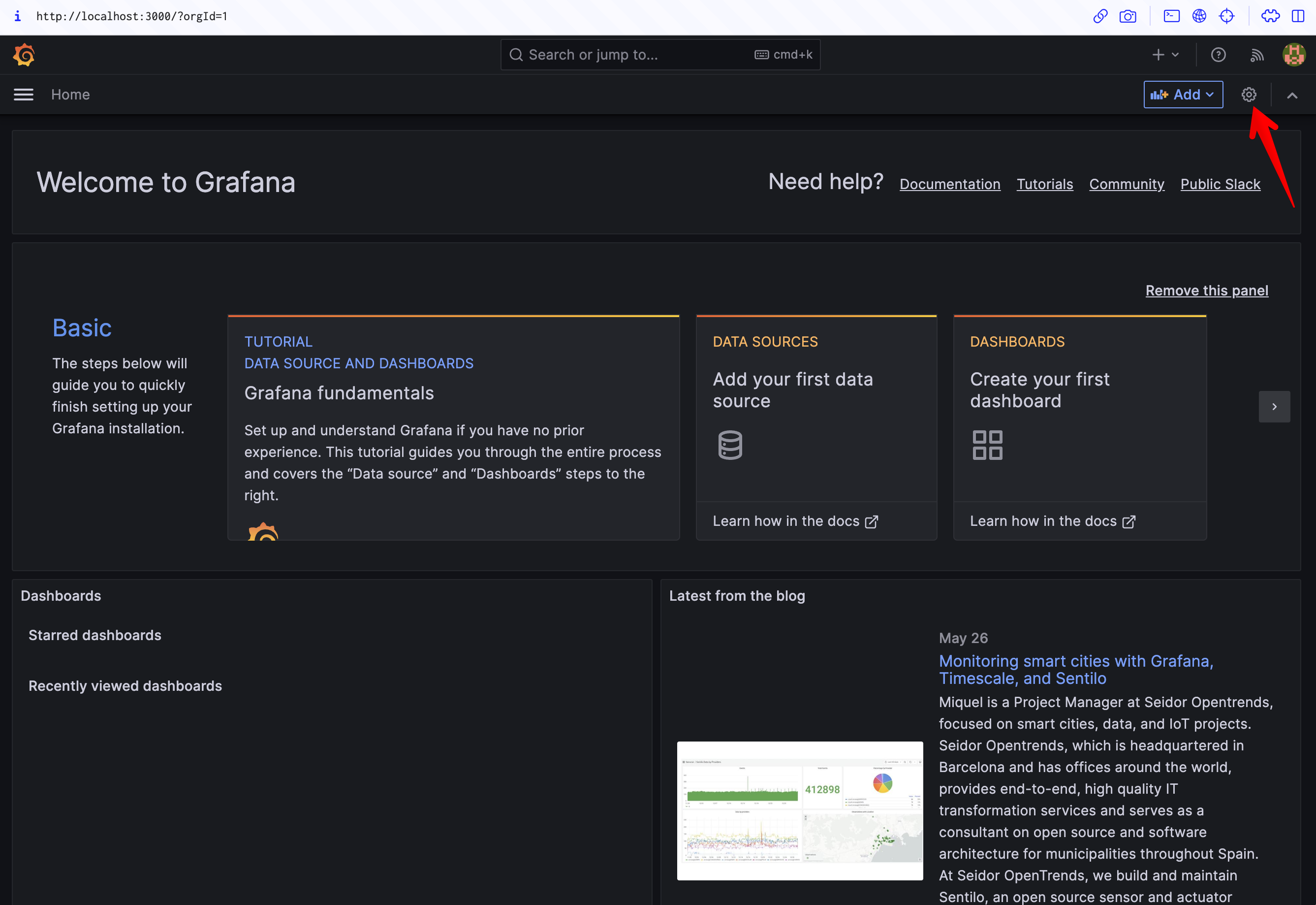 Click the "cogwheel" icon in the top right corner of your Grafana dashboard to open the configuration menu.