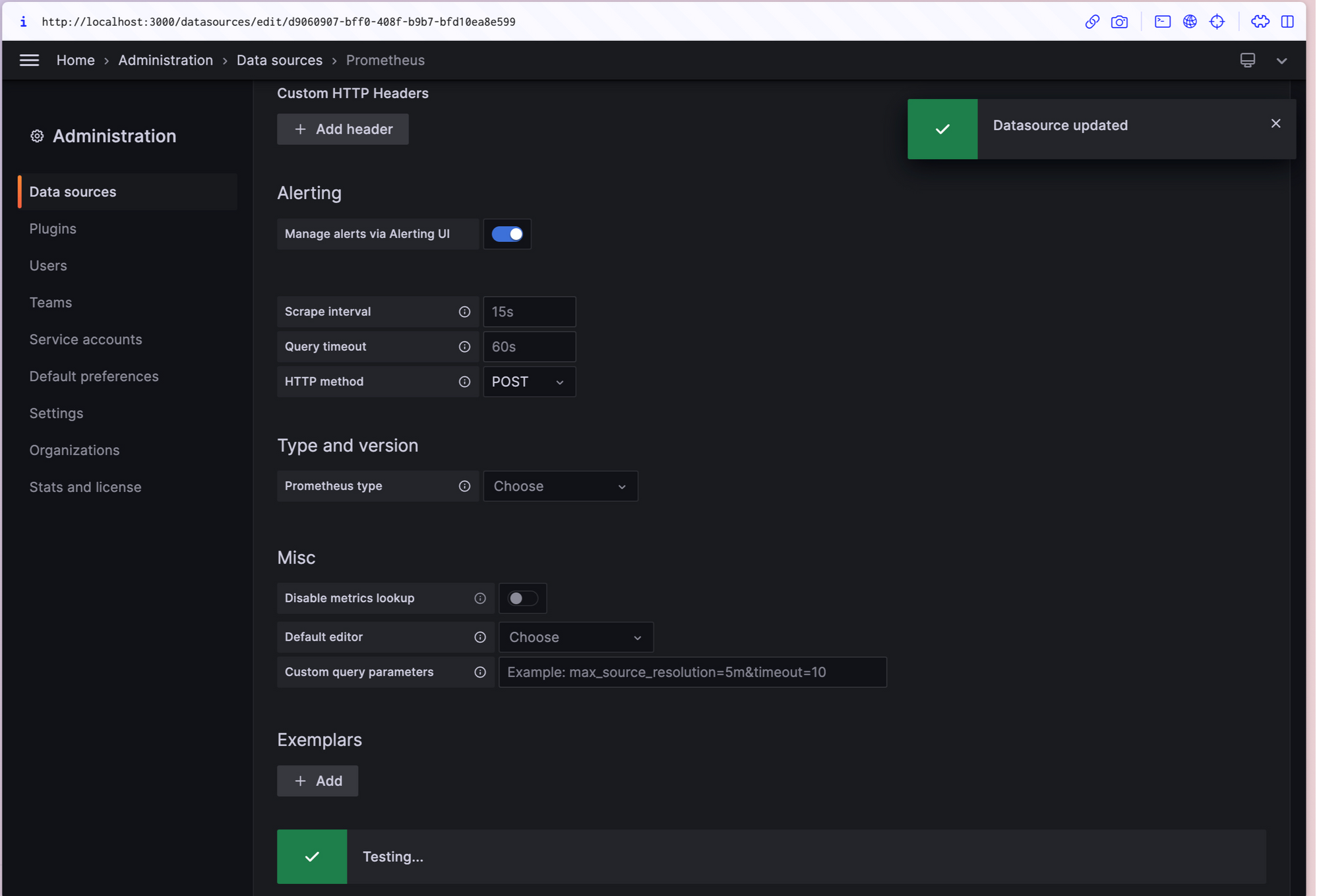 Confirmation that Prometheus Source is working fine in Grafana