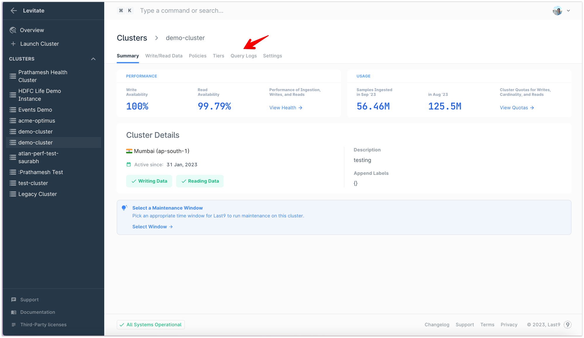 Query Logs for a Levitate Cluster