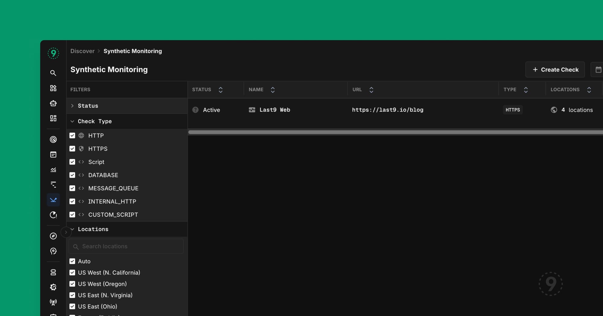 Synthetic Monitoring dashboard showing HTTP, HTTPS, TCP, DNS check types with multi-region location selection including US West, US East, and other geographic regions